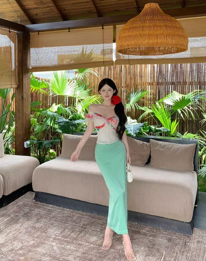 Luxurious Off-Shoulder Sheath 2-Piece Set Maxi Dresses Vibrant Floral Print Ruffles Trimmed Long Dress AP3375