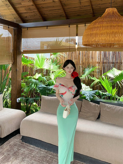 Luxurious Off-Shoulder Sheath 2-Piece Set Maxi Dresses Vibrant Floral Print Ruffles Trimmed Long Dress AP3375