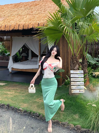 Luxurious Off-Shoulder Sheath 2-Piece Set Maxi Dresses Vibrant Floral Print Ruffles Trimmed Long Dress AP3375