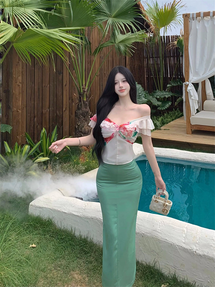 Luxurious Off-Shoulder Sheath 2-Piece Set Maxi Dresses Vibrant Floral Print Ruffles Trimmed Long Dress AP3375