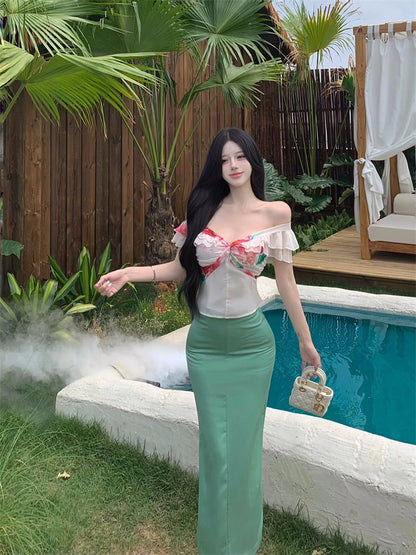 Luxurious Off-Shoulder Sheath 2-Piece Set Maxi Dresses Vibrant Floral Print Ruffles Trimmed Long Dress AP3375