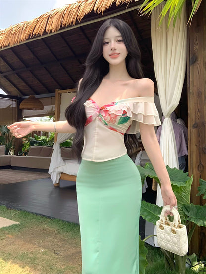 Luxurious Off-Shoulder Sheath 2-Piece Set Maxi Dresses Vibrant Floral Print Ruffles Trimmed Long Dress AP3375