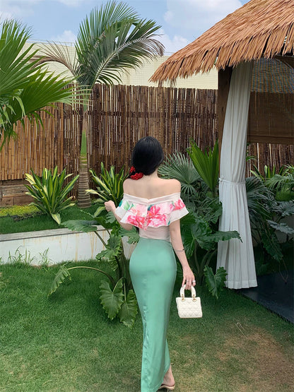 Luxurious Off-Shoulder Sheath 2-Piece Set Maxi Dresses Vibrant Floral Print Ruffles Trimmed Long Dress AP3375