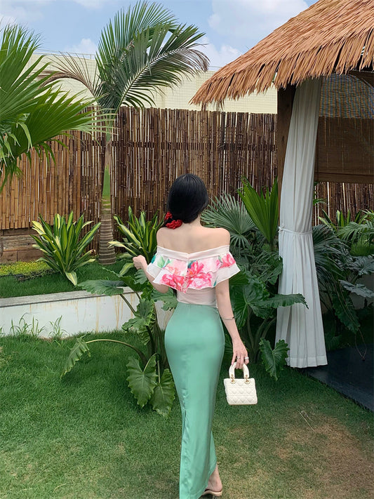 Luxurious Off-Shoulder Sheath 2-Piece Set Maxi Dresses Vibrant Floral Print Ruffles Trimmed Long Dress AP3375