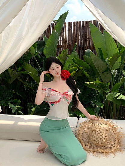 Luxurious Off-Shoulder Sheath 2-Piece Set Maxi Dresses Vibrant Floral Print Ruffles Trimmed Long Dress AP3375