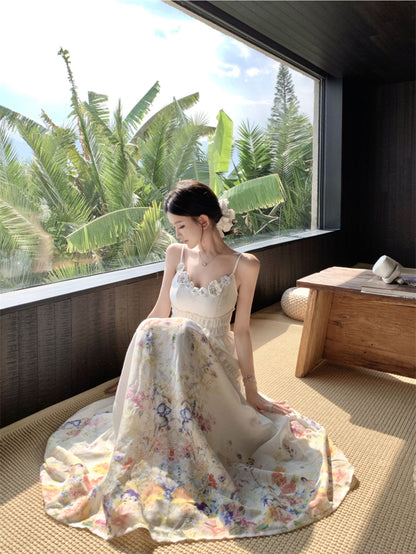 Fabulous Spaghetti Strap A-Line Cinched-Waist Maxi Dress 3D Floral Everyday Wear Print Long Dress AP3377