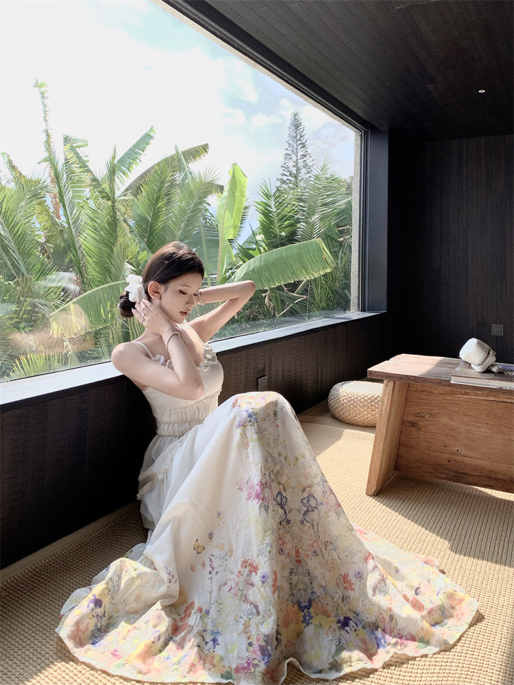 Fabulous Spaghetti Strap A-Line Cinched-Waist Maxi Dress 3D Floral Everyday Wear Print Long Dress AP3377