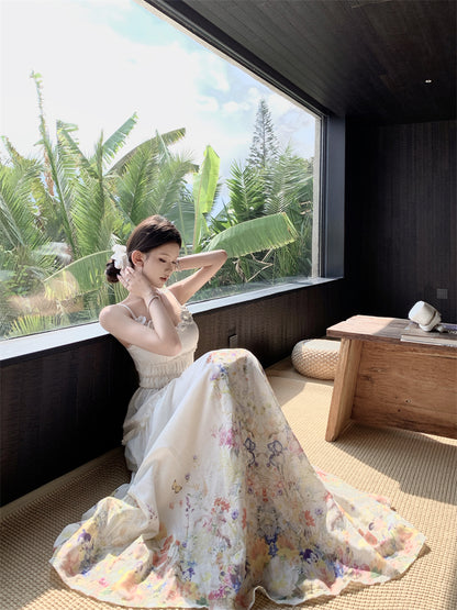 Fabulous Spaghetti Strap A-Line Cinched-Waist Maxi Dress 3D Floral Everyday Wear Print Long Dress AP3377