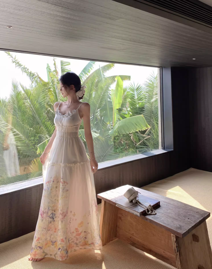 Fabulous Spaghetti Strap A-Line Cinched-Waist Maxi Dress 3D Floral Everyday Wear Print Long Dress AP3377