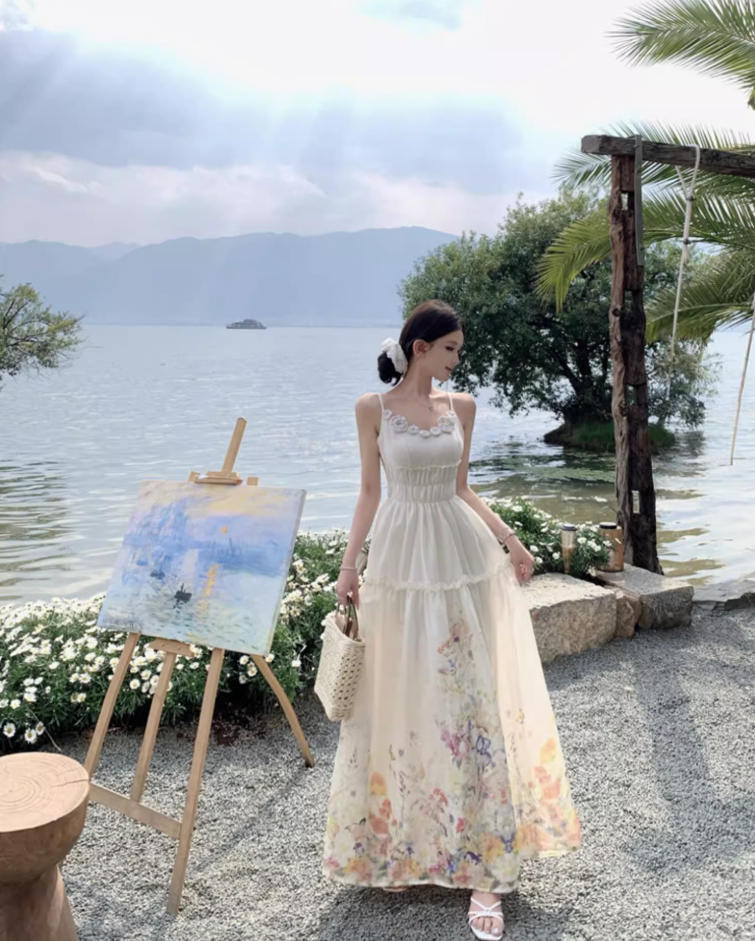 Fabulous Spaghetti Strap A-Line Cinched-Waist Maxi Dress 3D Floral Everyday Wear Print Long Dress AP3377