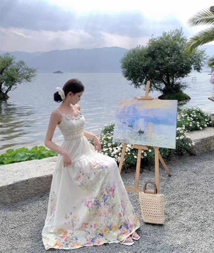 Fabulous Spaghetti Strap A-Line Cinched-Waist Maxi Dress 3D Floral Everyday Wear Print Long Dress AP3377