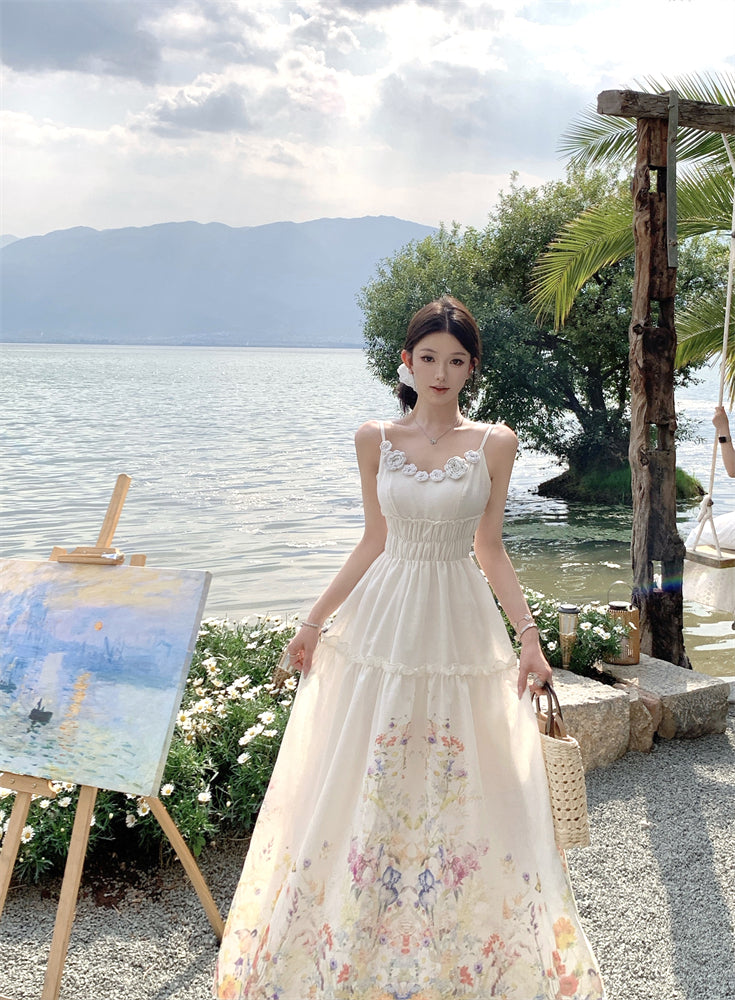 Fabulous Spaghetti Strap A-Line Cinched-Waist Maxi Dress 3D Floral Everyday Wear Print Long Dress AP3377