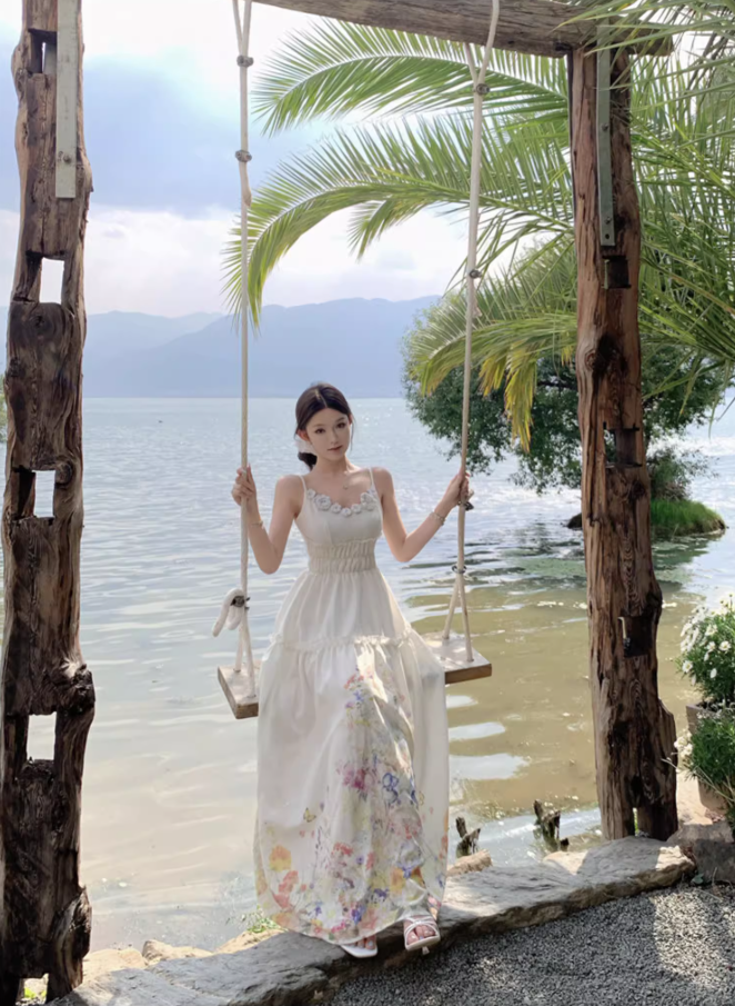 Fabulous Spaghetti Strap A-Line Cinched-Waist Maxi Dress 3D Floral Everyday Wear Print Long Dress AP3377