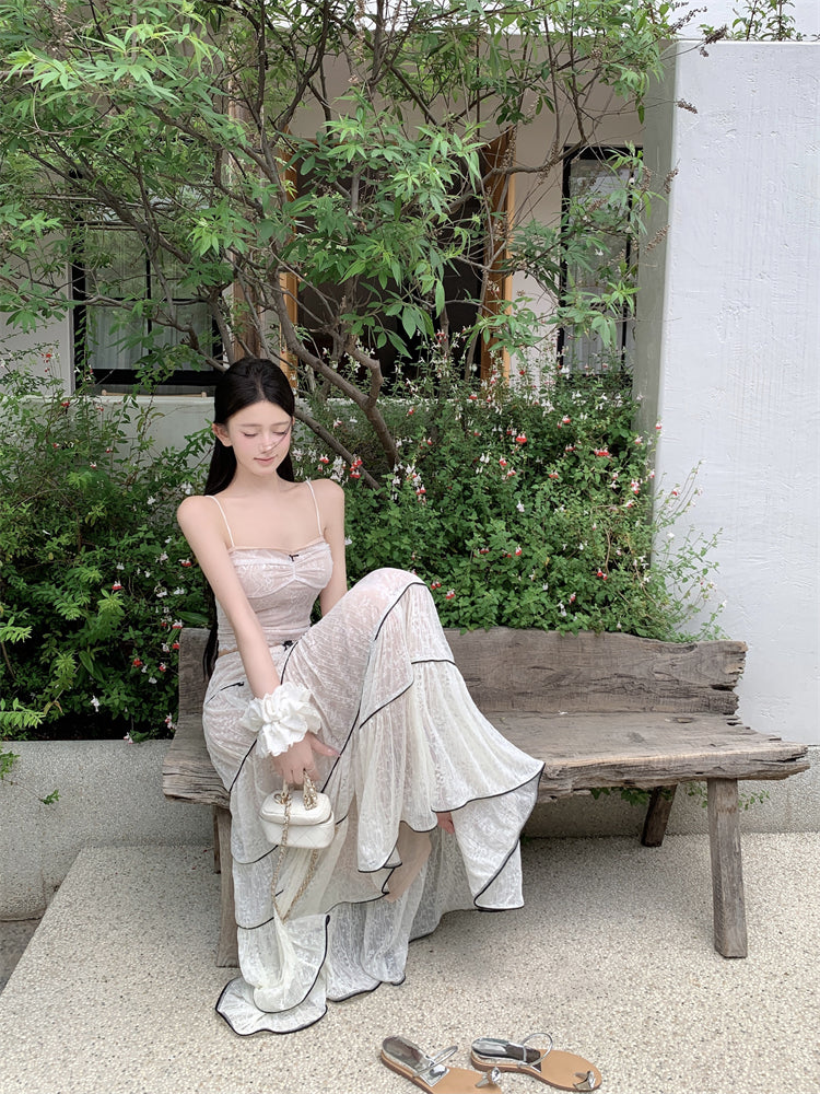 Ornate 2-Piece Set Spaghetti Strap A-Line Maxi Dress Dreamy Stripes Lace Jacquard Long Dress AP3378