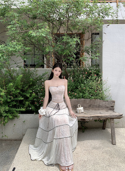 Ornate 2-Piece Set Spaghetti Strap A-Line Maxi Dress Dreamy Stripes Lace Jacquard Long Dress AP3378