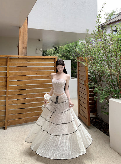 Ornate 2-Piece Set Spaghetti Strap A-Line Maxi Dress Dreamy Stripes Lace Jacquard Long Dress AP3378