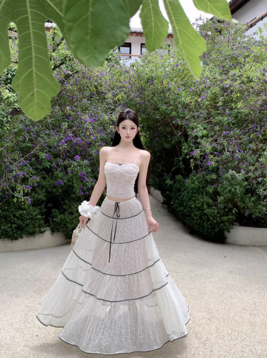 Ornate 2-Piece Set Spaghetti Strap A-Line Maxi Dress Dreamy Stripes Lace Jacquard Long Dress AP3378