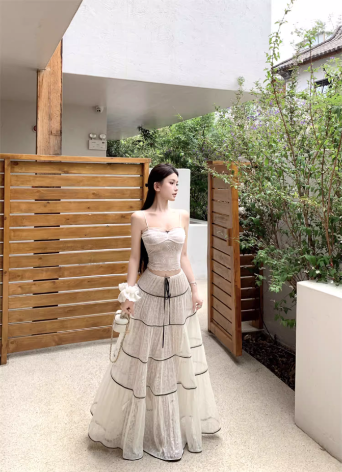 Ornate 2-Piece Set Spaghetti Strap A-Line Maxi Dress Dreamy Stripes Lace Jacquard Long Dress AP3378