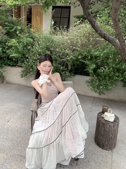 Ornate 2-Piece Set Spaghetti Strap A-Line Maxi Dress Dreamy Stripes Lace Jacquard Long Dress AP3378