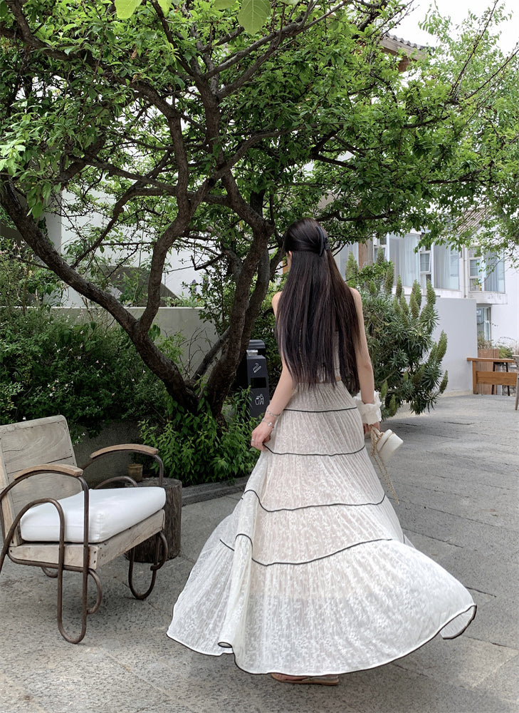 Ornate 2-Piece Set Spaghetti Strap A-Line Maxi Dress Dreamy Stripes Lace Jacquard Long Dress AP3378