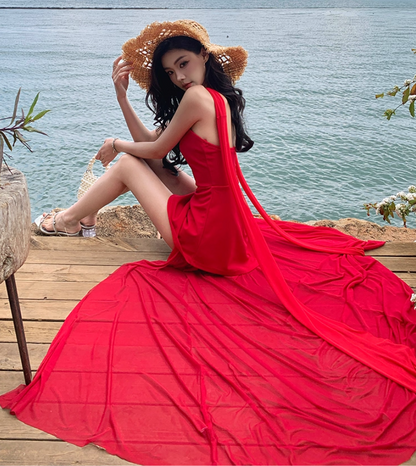 Romantic Strapless A-Line Asymmetric Hem Maxi Dresses Charming Red Tulle Splicing Slit Long Dress AP3379