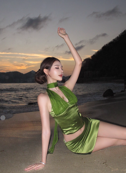 Everyday Wear Green Sheath 2-Piece Set Mini Skirt Fairy Sheen Fabric Backless Halter Short Dress AP3380