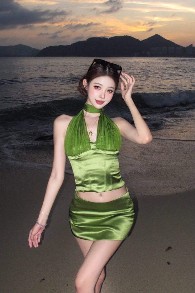 Everyday Wear Green Sheath 2-Piece Set Mini Skirt Fairy Sheen Fabric Backless Halter Short Dress AP3380