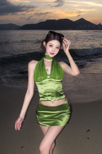 Everyday Wear Green Sheath 2-Piece Set Mini Skirt Fairy Sheen Fabric Backless Halter Short Dress AP3380