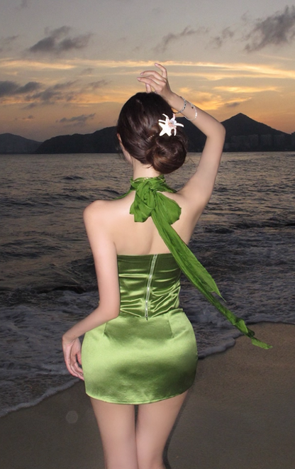 Everyday Wear Green Sheath 2-Piece Set Mini Skirt Fairy Sheen Fabric Backless Halter Short Dress AP3380