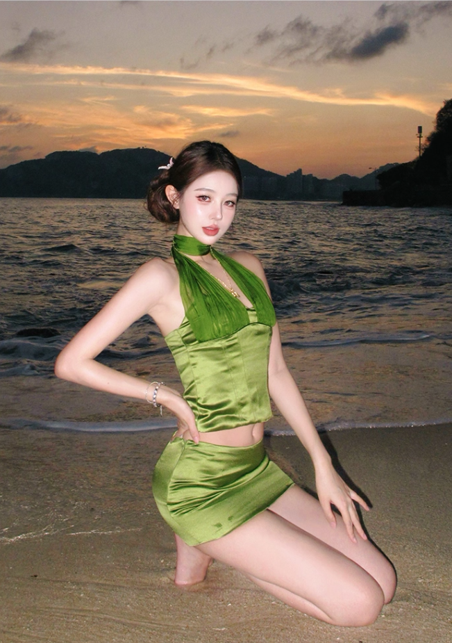 Everyday Wear Green Sheath 2-Piece Set Mini Skirt Fairy Sheen Fabric Backless Halter Short Dress AP3380