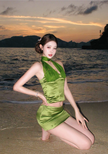 Everyday Wear Green Sheath 2-Piece Set Mini Skirt Fairy Sheen Fabric Backless Halter Short Dress AP3380