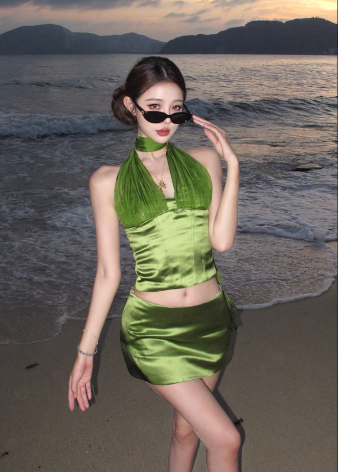 Everyday Wear Green Sheath 2-Piece Set Mini Skirt Fairy Sheen Fabric Backless Halter Short Dress AP3380