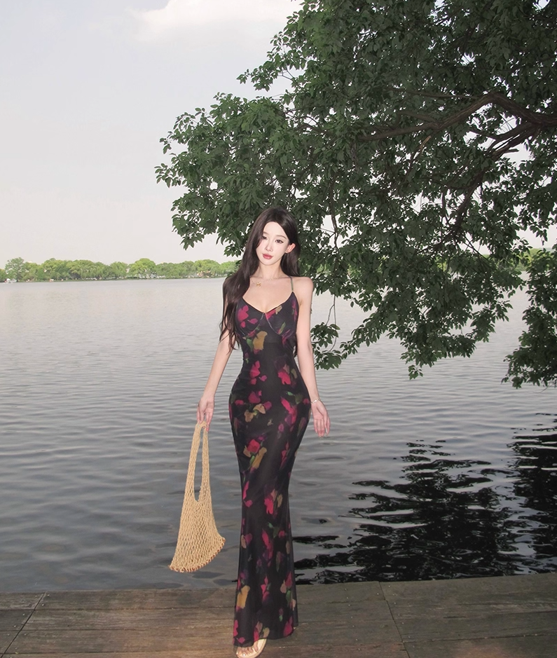Fairy Spaghetti Strap Mermaid Maxi Dress Attractive Crisscross Back Floral Print Long Dress AP3381