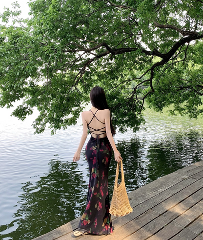 Fairy Spaghetti Strap Mermaid Maxi Dress Attractive Crisscross Back Floral Print Long Dress AP3381