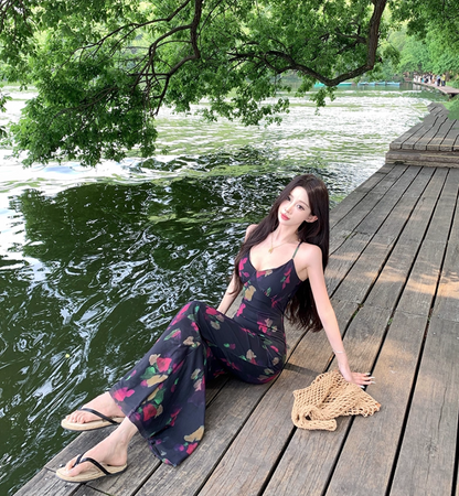 Fairy Spaghetti Strap Mermaid Maxi Dress Attractive Crisscross Back Floral Print Long Dress AP3381