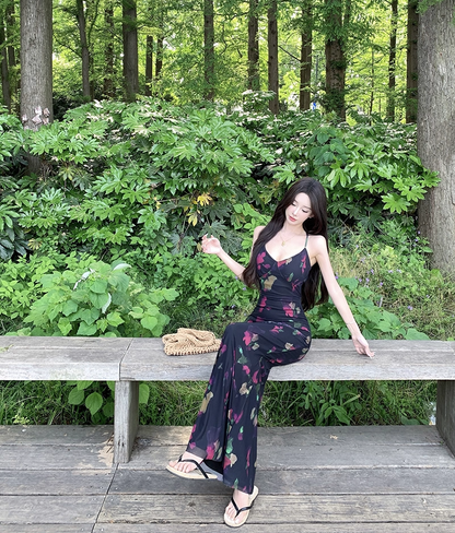 Fairy Spaghetti Strap Mermaid Maxi Dress Attractive Crisscross Back Floral Print Long Dress AP3381