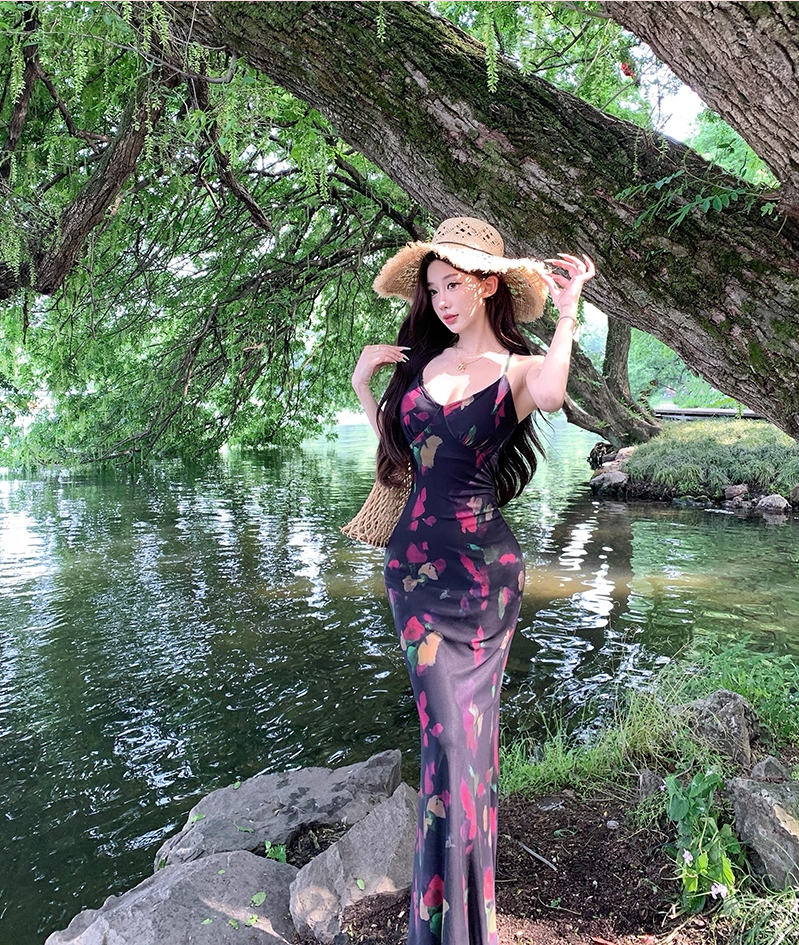 Fairy Spaghetti Strap Mermaid Maxi Dress Attractive Crisscross Back Floral Print Long Dress AP3381