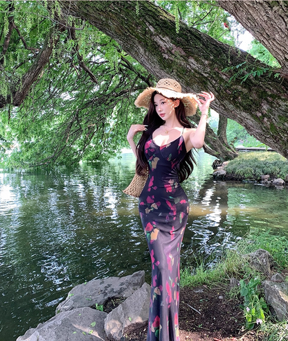 Fairy Spaghetti Strap Mermaid Maxi Dress Attractive Crisscross Back Floral Print Long Dress AP3381