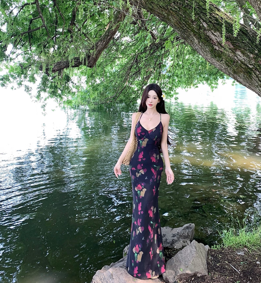 Fairy Spaghetti Strap Mermaid Maxi Dress Attractive Crisscross Back Floral Print Long Dress AP3381