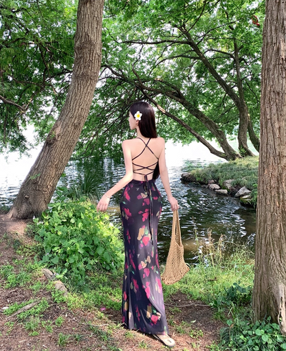 Fairy Spaghetti Strap Mermaid Maxi Dress Attractive Crisscross Back Floral Print Long Dress AP3381