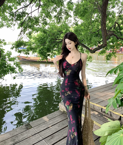 Fairy Spaghetti Strap Mermaid Maxi Dress Attractive Crisscross Back Floral Print Long Dress AP3381
