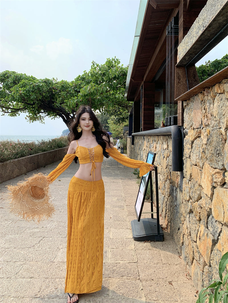 New Tendency Spaghetti Strap Sheath 2-Piece Maxi Dress Yellow Long Sleeve Casual High-Slit Cutout Long Dress AP3382