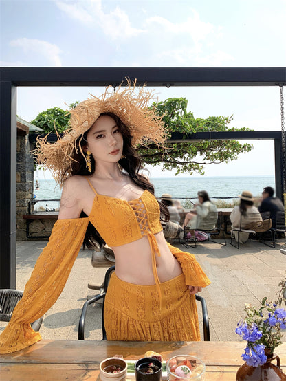 New Tendency Spaghetti Strap Sheath 2-Piece Maxi Dress Yellow Long Sleeve Casual High-Slit Cutout Long Dress AP3382