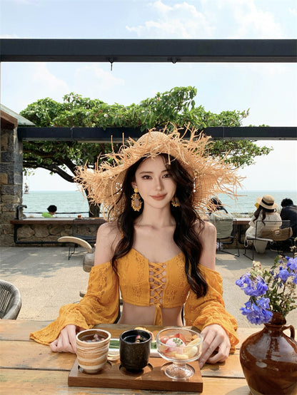 New Tendency Spaghetti Strap Sheath 2-Piece Maxi Dress Yellow Long Sleeve Casual High-Slit Cutout Long Dress AP3382