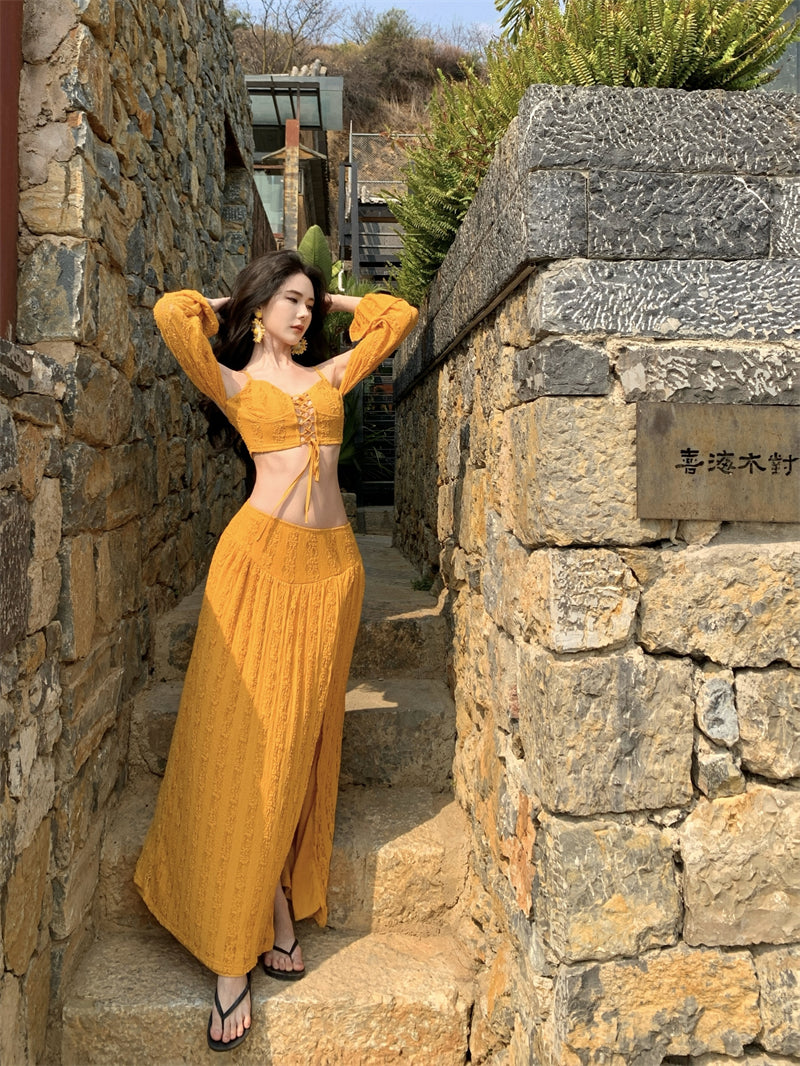 New Tendency Spaghetti Strap Sheath 2-Piece Maxi Dress Yellow Long Sleeve Casual High-Slit Cutout Long Dress AP3382