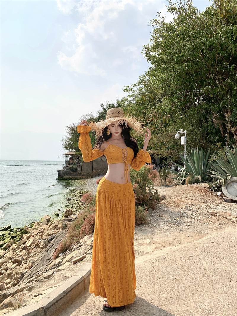 New Tendency Spaghetti Strap Sheath 2-Piece Maxi Dress Yellow Long Sleeve Casual High-Slit Cutout Long Dress AP3382