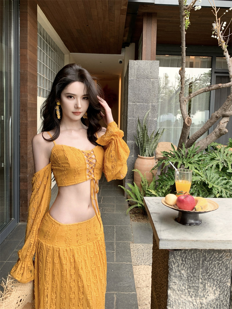 New Tendency Spaghetti Strap Sheath 2-Piece Maxi Dress Yellow Long Sleeve Casual High-Slit Cutout Long Dress AP3382