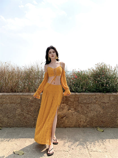 New Tendency Spaghetti Strap Sheath 2-Piece Maxi Dress Yellow Long Sleeve Casual High-Slit Cutout Long Dress AP3382