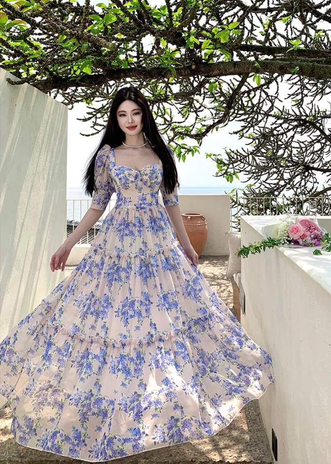 Casual A-Line Square Neck Maxi Dresses Princess Short Sleeve Floral Print Ruffles Flowy Long Dress AP3383