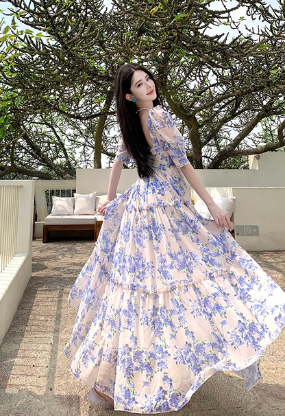 Casual A-Line Square Neck Maxi Dresses Princess Short Sleeve Floral Print Ruffles Flowy Long Dress AP3383